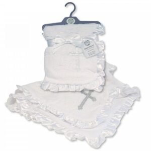 Baby Christening Wrap with Satin Lace Border - Cross