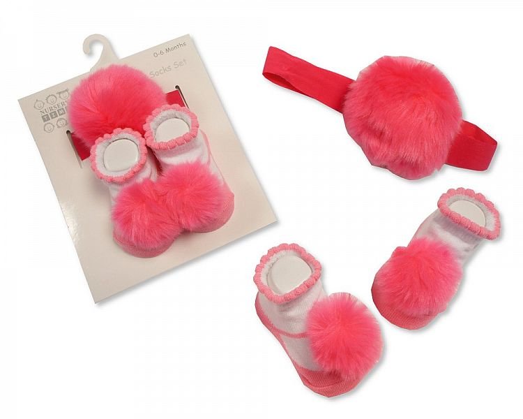 Baby Pom-Pom Socks and Headband Set - Cerise