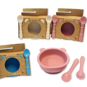Baby Silicone Bowl, Fork and Spoon Set - Teddy