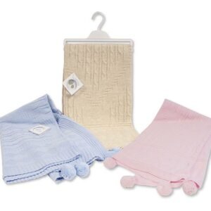 Knitted Baby Wrap with Pointelle Pattern and Pom-Poms