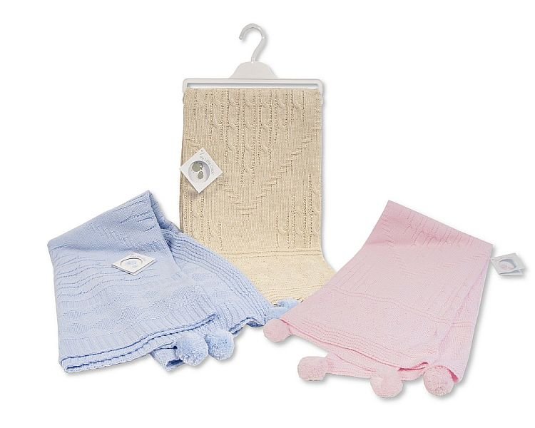 Knitted Baby Wrap with Pointelle Pattern and Pom-Poms